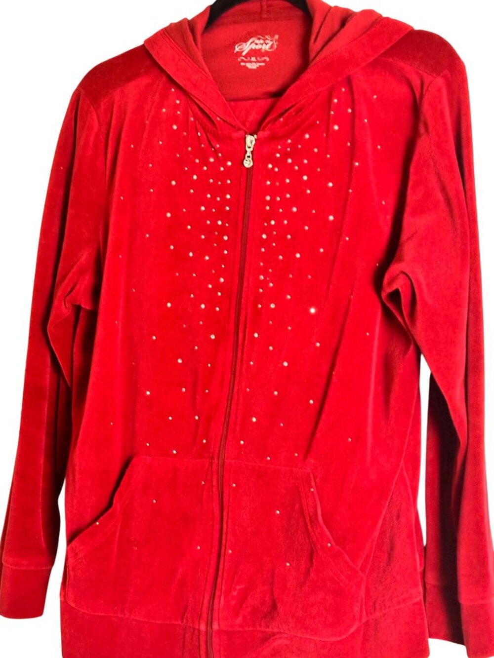 Style & Co  Size 16 Red Hooded 2 PC Casual Velour Jacket & Pants Rhinestone Set
